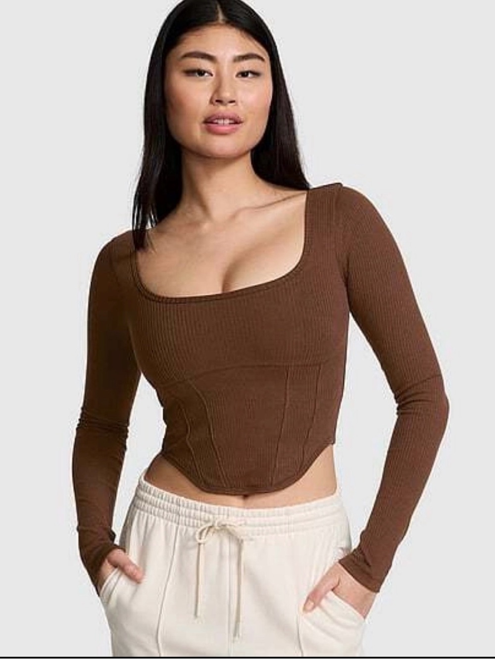 PINK Victorias Secret Brown Ribbed Long-Sleeve Square Neck Top- Size XXL- NWT